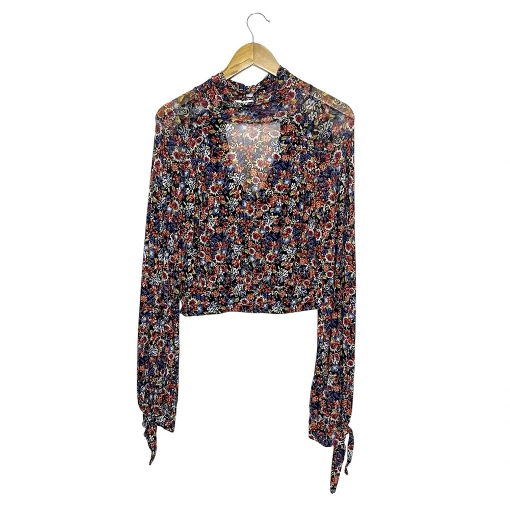 Free People All Dolled Up Mesh Sheer S Floral Long Sleeve Top Balloon High Neck - Picture 2 of 11